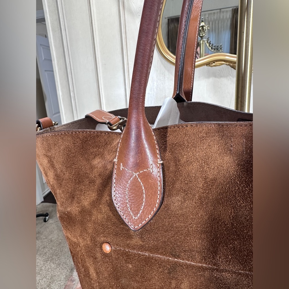 Polo Ralph Lauren Bellport Suede Leather Medium Tote Bag Brown Adjustable Strap - Picture 4 of 16